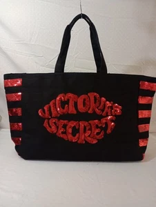 Victorias Secret Tote Bag Weekender Black Red Lips Sequins Kiss X Large - Picture 1 of 6