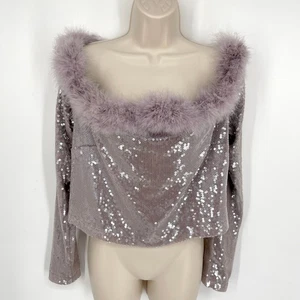 Top corto Forever 21 de piel sintética con lentejuelas al hombro talla 3X lavanda elástico - Imagen 1 de 13