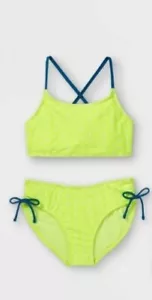 Bikini mediano Cat & Jack para niñas amarillo con lunares y corbatas verde azulado 2 piezas (7/8) NUEVO - Imagen 1 de 2