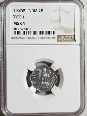 India 2 Paise 1967B Type 1 NGC MS 64 - Image 1 of 2