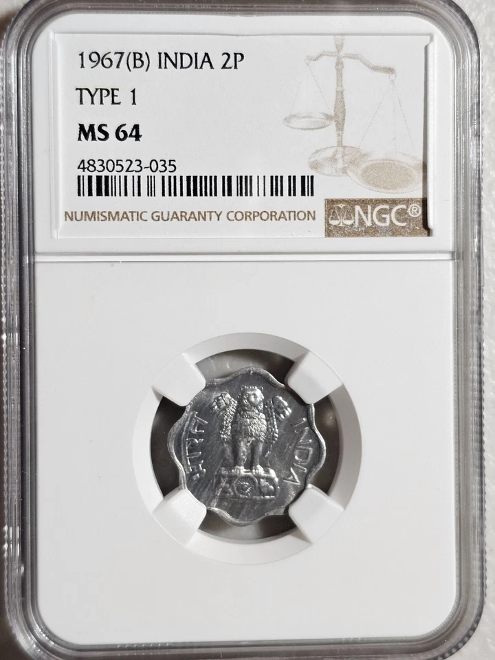 India 2 Paise 1967B Type 1 NGC MS 64 - Image 1 of 2