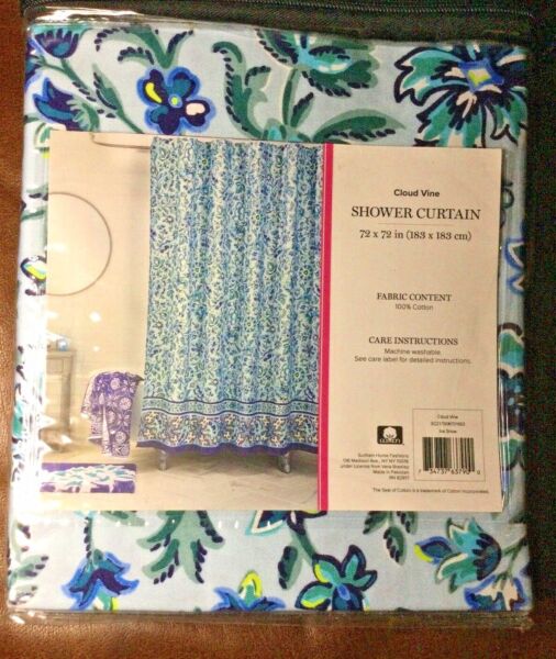 Vera Bradley Cloud Vine Blue Ice Snow Fabric Shower Curtain Jacobean Floral