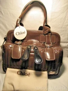NUEVO CHLOE Grande Bahía Marrón Acolchado Charol Cremallera Superior Bolso de Mano Cartera - Imagen 1 de 12