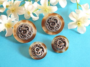 490b Splendid Buttons "Rocaille" Silver and Amber Lot 4 Buttons EP Vintage - Picture 1 of 5