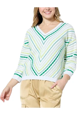 Jaclyn Smith Women's Wavy Stripe V-Neck Sweater Green Combo - Image 1 of 2