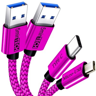 2 PACK [MIcro USB + Type C] Nylon Braided USB Data Sync Charging Cable - Image 1 of 2