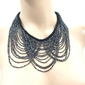 Collana bavaglino perle semi bugle nero blu fatto a mano chiusura sfera e anello 20" - Foto 1 di 5
