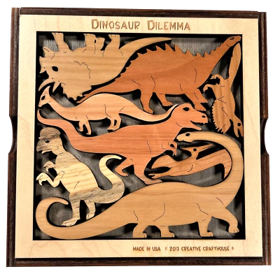 恐龙 Dillema 拼图 - 木制脑筋急转弯 - 原始设计 - 硬木 - 美国 — 第 1/4 张图片