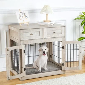 Indoor Dog Crate Furniture Wood Dog Kennel with 2 Drawers 3-Doors for S/M/L Dogs - Picture 1 of 7