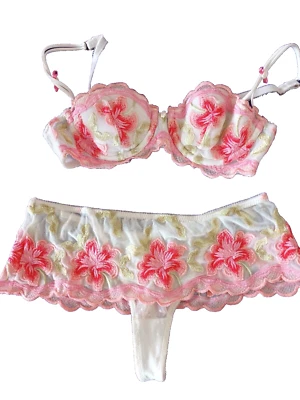 NEXT UK 34A/12 Rosa Mezcla U/W Ligeramente Acolchado Bordado Balcón Sujetador/Tanga Conjunto Foto 1 de 4