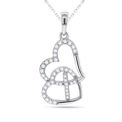 Colgante Cruz Doble Corazón Diamante I2-H Certificado 0.20Ct Oro Blanco 14K Cadena 18" Foto 1 de 4