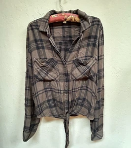 Cloth & Stone Women's Small Plaid Tie Front Button Down Shirt Long Sleeve Brown - Picture 1 of 9