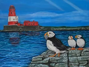 Original painting, Puffins at Longstone Lighthouse, Lindisfarne, seascape - Picture 1 of 1