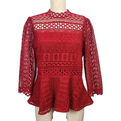 Moulinette Soeurs Anthropologie Red Crochet Lace Peplum Blouse Romantic Boho 10 - Image 1 of 4