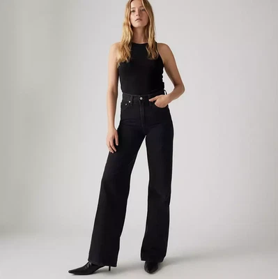 Venta caliente Pantalones de mezclilla para mujer Levi's Ribcage pierna ancha, Rosie Posie - negros Foto 1 de 4