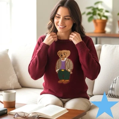 Well Dressed Bear贴花勃艮第葡萄酒红色丙烯酸毛衣M女式 — 第 1/4 张图片