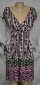 CRISTINALOVE Buff Pink Blue Black Patterned Cap Sleeve Dress Medium Smocked Wais - Picture 1 of 9