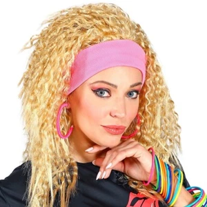 Frauen-Perücke mit Stirnband 80er Jahre Aerobic Girl Locken-Perücke Blond-Rosa - Bild 1 von 4