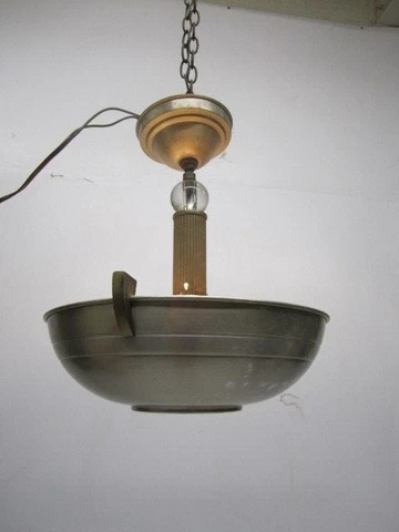 Vtg Art Deco Aluminum Metal Ceiling Hanging Light Fixture Chandelier Glass Ball Cover