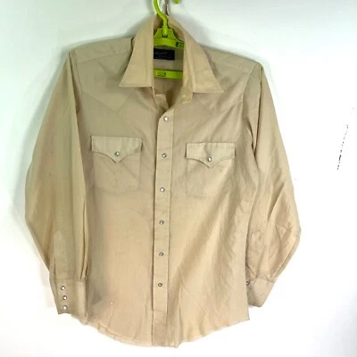 Vintage Champion Westerns Permanent Press Pearl Snap Shirt Mens SZ M Raw Hem Tan - Image 1 of 4