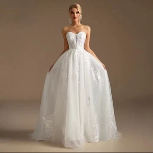 UK Sweetheart Strapless A Line Bridal Lace Court Train Wedding Dresses Size 6-18 - Picture 1 of 5