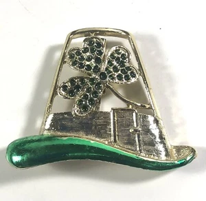 Vintage BJ Pin St Patrick Irish Leprechaun Hat Pin Green Rhinestones Shamrock - Picture 1 of 6
