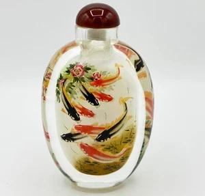 Vintage Chinese Koi Fish Reverse Hand Painted Glass Snuff Bottle Feng Shui - 5'' - Picture 1 of 12