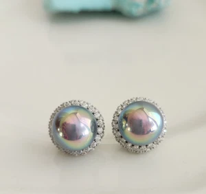 SeaShell Silver Pearl Halo 16mm Stud Earrings 18k White Gold Plate Push Back - Picture 1 of 4