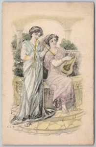 c1910 Ladies Flute Harp Robes Sandals Greek Hand Colored Postcard Bedford PA - Picture 1 of 2
