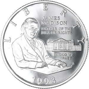 1993-S JAMES MADISON BILL OF RIGHTS COMMEMORATIIVE PROOF HALF DOLLAR 90% SILVER - Picture 1 of 3
