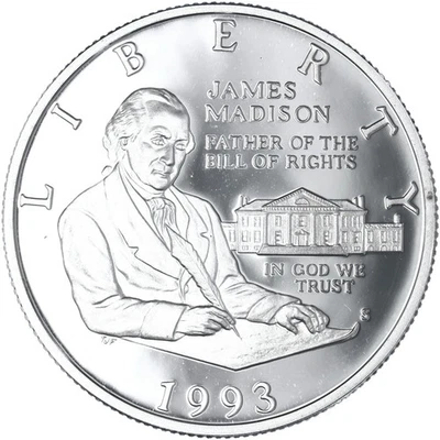 1993-S JAMES MADISON BILL OF RIGHTS COMMEMORATIIVE PROOF HALF DOLLAR 90% SILVER - Image 1 of 3