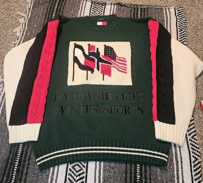 Suéter de malha vintage Tommy Hilfiger 1994 esportes de inverno bandeira algodão lã grande - Imagem 1 de 4
