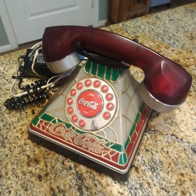 Coca Cola 2001 Tiffany Style Stained Glass Look Light Up Holiday Telephone/Phone - Image 1 of 4