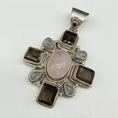 Colgante Cruz Maltesa Cuarzo Rosa Topacio Ahumado Plata Esterlina SI India De Colección Foto 1 de 4