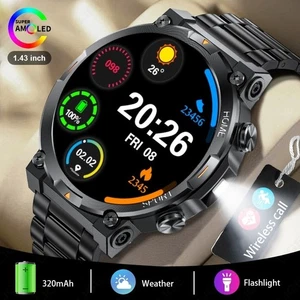 Military Smart Watch Men Rugged 1.43" Fitness Tracker Waterproof LED Flashlight - Picture 1 of 17