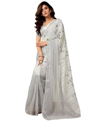 Sari para mujer de algodón y lino estampado 1 minuto listo para usar con pieza de blusa Foto 1 de 4