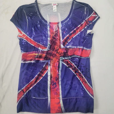 Justice Girl's Short Sleeve Shirt Union Jack Flag Red Blue White Size 18 Sequins - Image 1 of 4