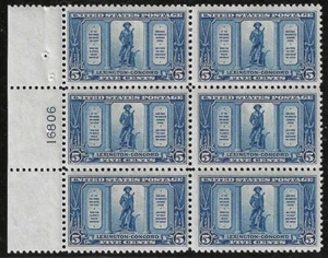 U.S., 1925, Scott #619, 5c Lexington-Concord, Plate Block of 6, Mint, N.H. - Picture 1 of 1