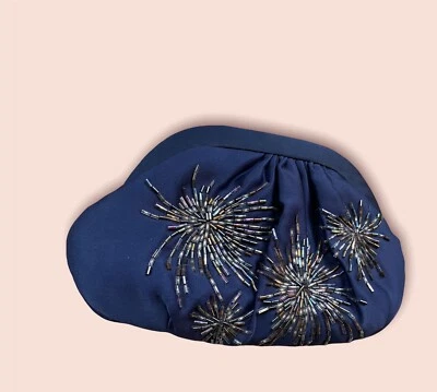 Bolso sin asas vintage “Genie” azul marino satinado con cuentas fiesta festiva Foto 1 de 4