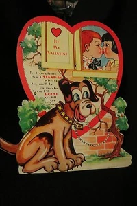 Vintage KISSING & PUPPY Valentinskarte ca. 40er Jahre FABELHAFT - Bild 1 von 5