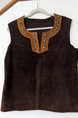 Chaleco y falda vintage marrón hippy look gamuza cuero, Italia, M Foto 1 de 4