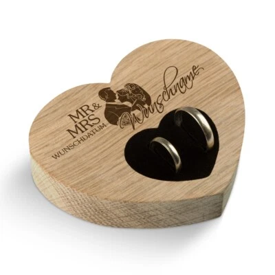 Hochzeit Ringkissen Herz individuell Namen 10 x 8,5 cm Eichenholz - Mr & Mrs - Bild 1 von 4