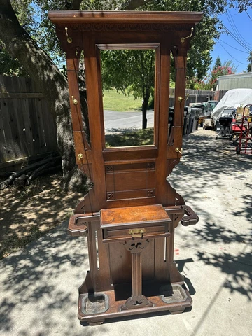 Antique Hall Tree w/ Original Mirror , Drawer, Drip Pans & Finish SF.CO.CIN 1890 Cover
