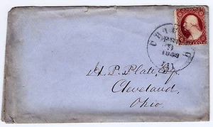 #26A-3 Cents 1857, 7R11e, top row repaired CHICAGO FEB9 1858 ILL to Cleveland - Picture 1 of 2