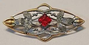 Antique 10K Yellow Gold Ruby Bar Pin Brooch Vintage Open Work Design 1.79 Grams - Picture 1 of 8