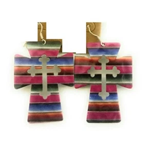 Serape aztekisch ausgeschnittene Kreuzohrringe rosa blau grün 2,5" Boho Damenschmuck - Bild 1 von 1