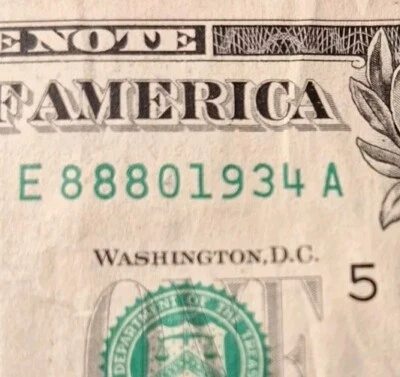 1934 YEAR Date Note Fancy Serial Number One Dollar Bill E 88801934 A - Image 1 of 4