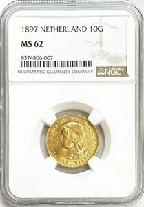 1897 GOLD NETHERLANDS 10 GULDEN LONG HAIR COIN NGC MINT STATE 64 - Picture 1 of 2