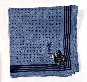 YSL MAN HANDKERCHIEF UNISEX POCKET SQUARE BLUE NAVY BLACK POLKA DOT COTTON 18” - Picture 1 of 7