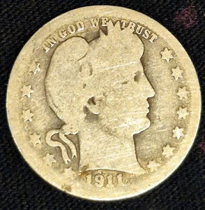 1911 Barber Silver Quarter 90% SILVER Coin Good Circulated Condition - Picture 1 of 7